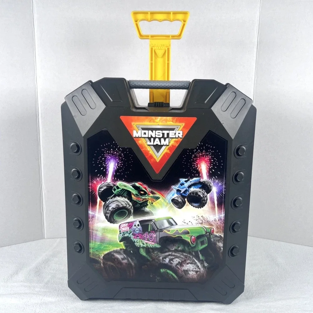 Monster Jam Pit Party Go Carry Case Rolling Handle Complete Set w 15 Trucks